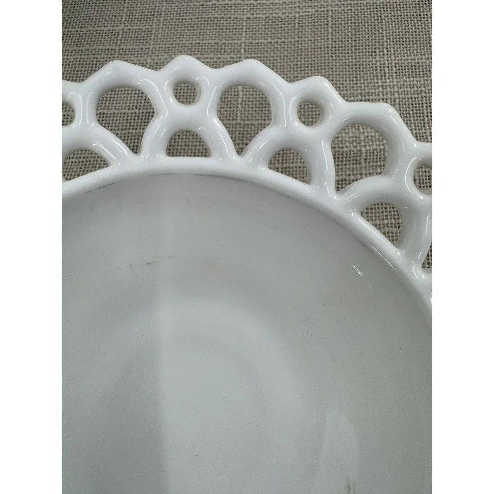Vintage White Milk Glass Lace Edge Pedestal Bowl Openwork Dish Trinket Holder
